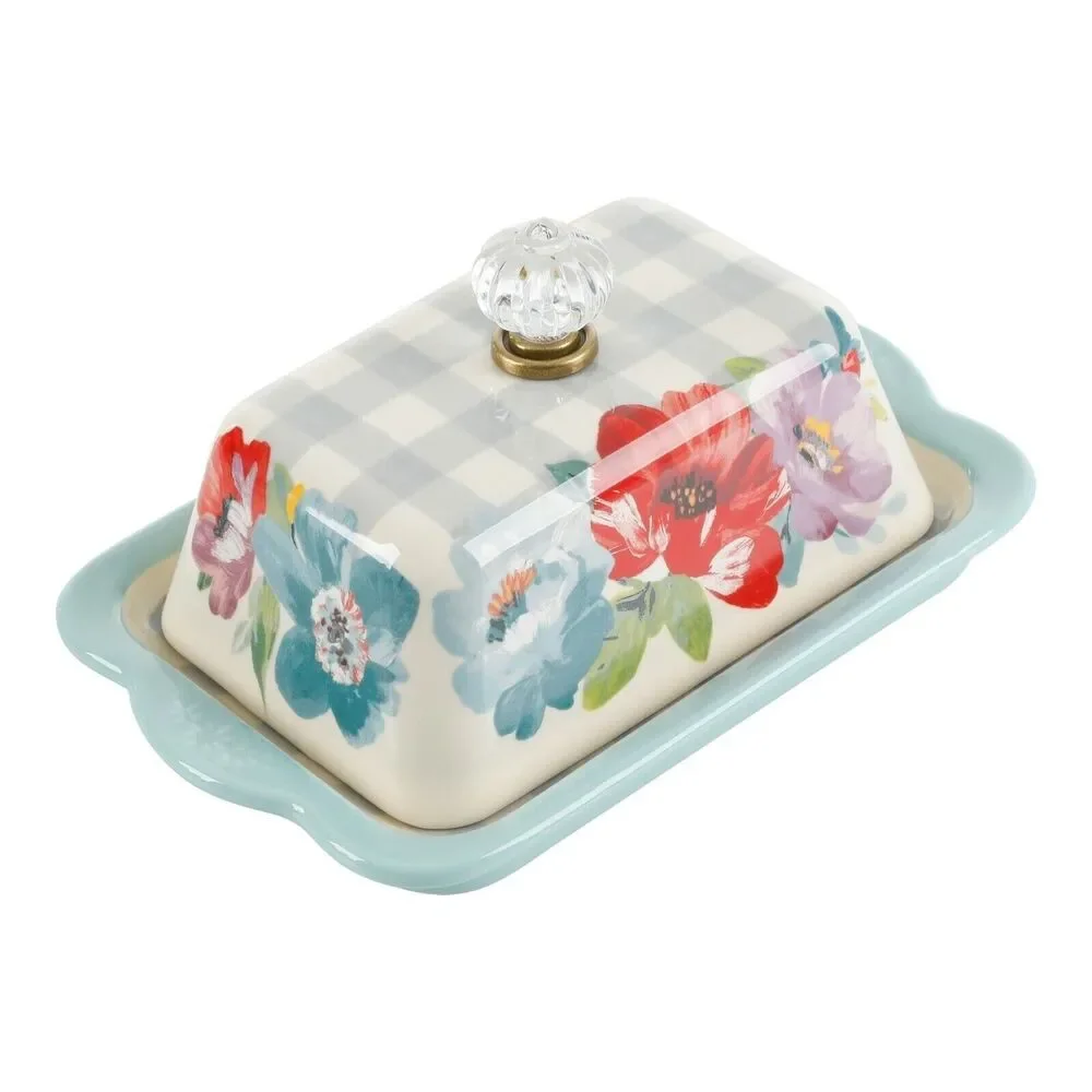 Pioneer Woman Sweet Romance Butter Dish Ceramic Acrylic Knob Floral Gift NEW